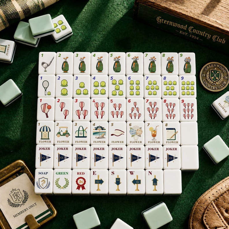 May include: A set of white Mahjong tiles featuring golf-themed illustrations, including golf bags, tennis rackets, golf balls, and club-specific icons. The tiles display numbers one through nine, flower labels, joker flags, and directional markers.