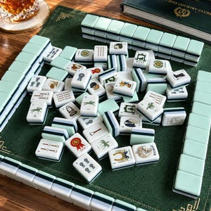 May include: A set of light green and white mahjong tiles featuring various equestrian-themed illustrations, including horses, ribbons, and trophies. The tiles are arranged on a dark green felt mat, with some stacked in rows and others scattered.