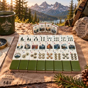 May include: A set of National Park themed mahjong tiles arranged on a textured fabric mat. The tiles feature illustrations of trees, mountains, and wildlife, with numbered labels and green backs. A green mug and a rock with text are nearby.