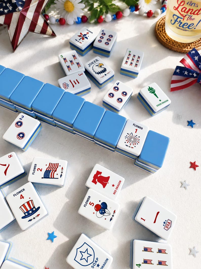 American Mahjong Set 160 Tiles, Patriotic USA Theme Acrylic UV Printed 4th of July Game with Jokers & Blanks for Family Game Night image 1