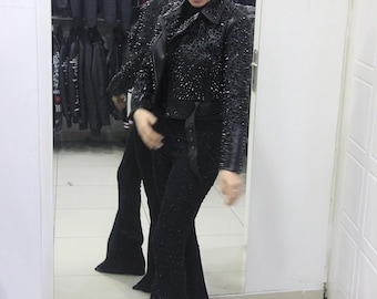 Crystal Embellished Black Leather Biker Jacket – Women's Luxury Outerwear