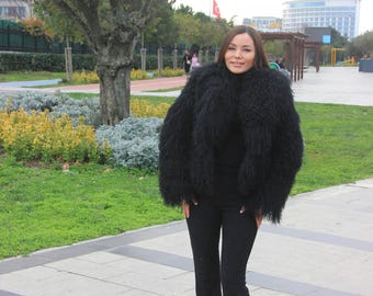 Black Mongolian Lamb Fur Jacket - Women's Luxury Winter Coat