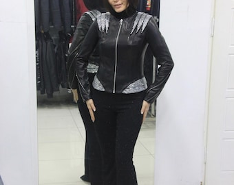 Crystal Studded Black Leather Biker Jacket – Women's Evening Moto Coat