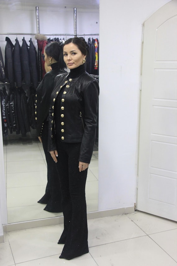 Tailored Black Leather Jacket - Gold Button Detail, Women's Luxury Coat