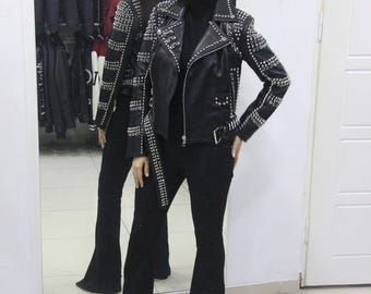 Studded Black Leather Moto Jacket – Crystal Detail Biker Coat