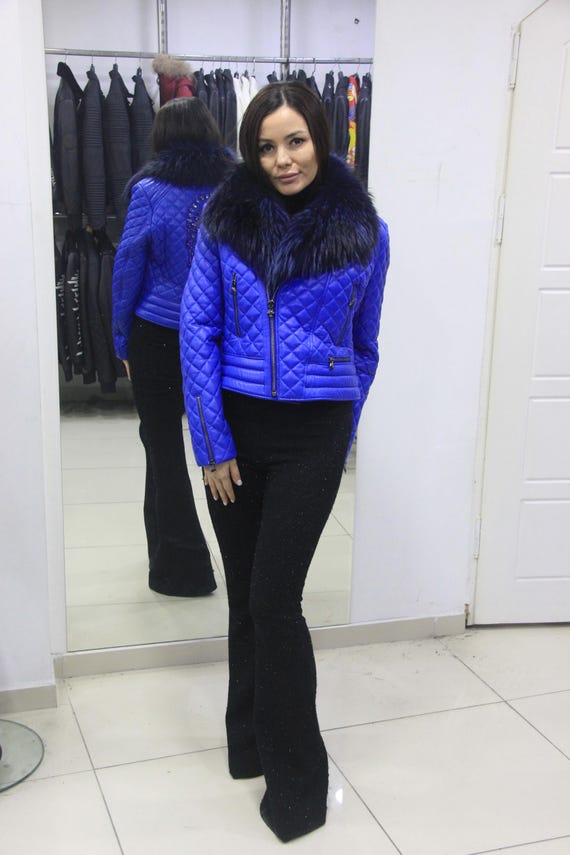 Quilted Blue Leather Jacket – Cropped Women's Winter Coat with Fur Collar