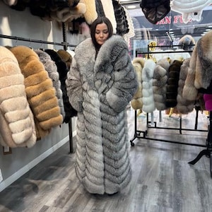 Silver Fox Fur Coat Long, Luxury Real Fox Fur Coat Women, Full Length Fur Coat, Grey Fox Fur Coat, Designer Winter Coat image 1