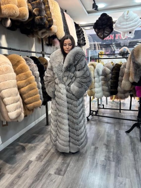 Silver Fox Fur Coat Long, Luxury Real Fox Fur Coat Women, Full Length Fur Coat, Grey Fox Fur Coat, Designer Winter Coat