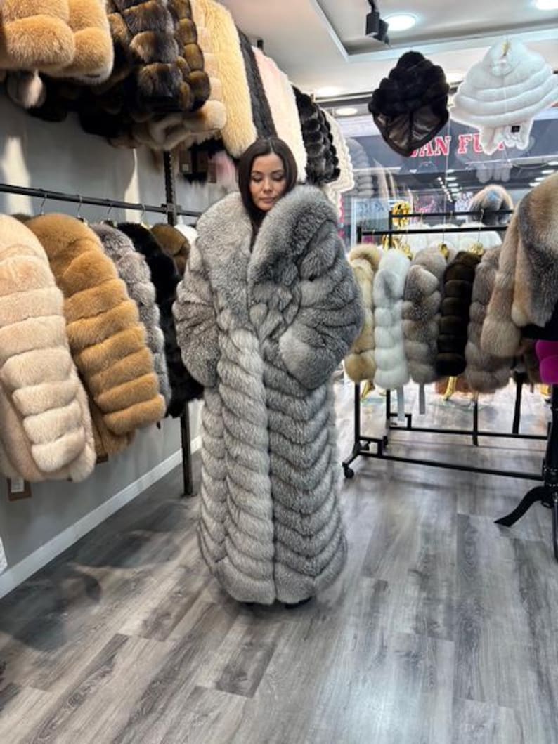 Silver Fox Fur Coat Long, Luxury Real Fox Fur Coat Women, Full Length Fur Coat, Grey Fox Fur Coat, Designer Winter Coat image 1