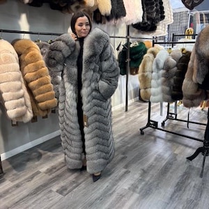 Silver Fox Fur Coat Long, Luxury Real Fox Fur Coat Women, Full Length Fur Coat, Grey Fox Fur Coat, Designer Winter Coat image 3