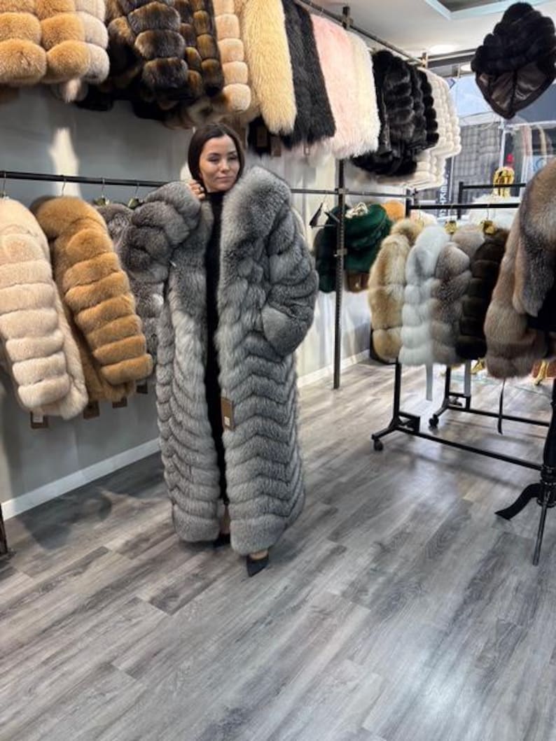 Silver Fox Fur Coat Long, Luxury Real Fox Fur Coat Women, Full Length Fur Coat, Grey Fox Fur Coat, Designer Winter Coat image 3