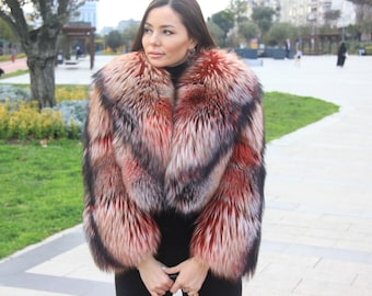 Handmade Multicolor Fox Fur Cropped Jacket | Luxury Winter Coat