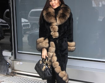 Alcantara Fox Fur Collar Coat, Long Belted Handmade Outerwear