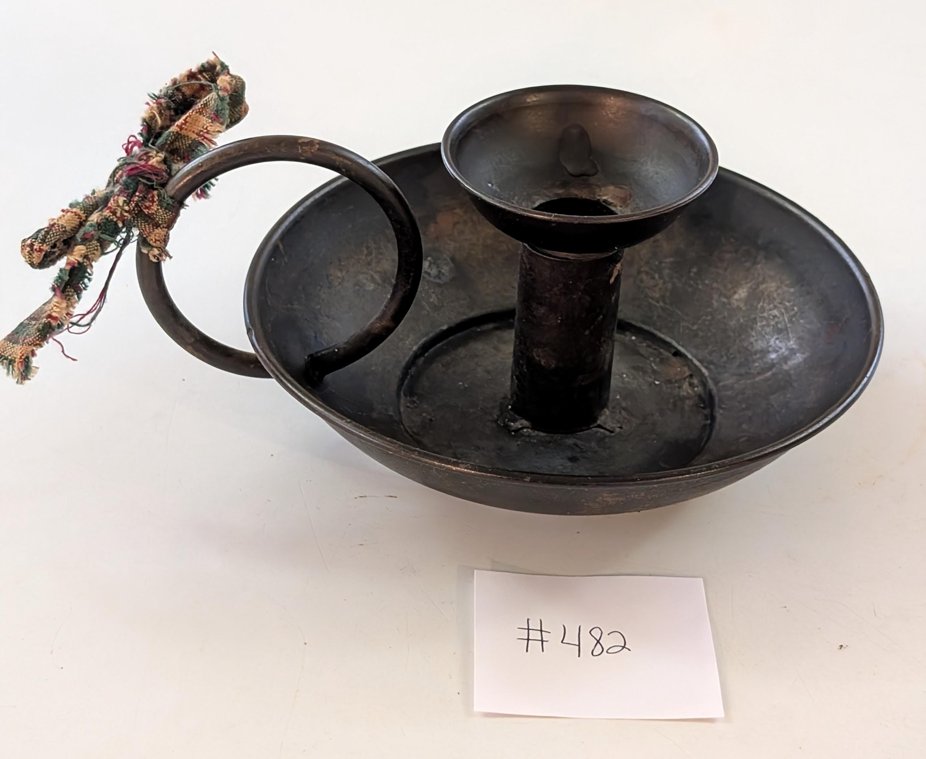 Antique Primitive Tin Chamberstick Candle Holder Finger Loop