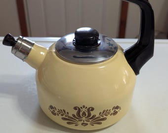 Vintage Pfaltzgraff Village Whistling Tea Kettle Cream Enamel Brown Folk Art Pattern 1970s