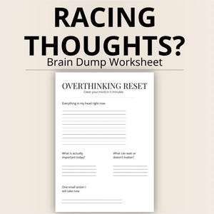 Overthinking Brain Dump Printable – Racing Thoughts Worksheet – Mind Clear Page PDF – 5 Minute Reset Tool – Instant Download