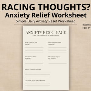 Anxiety Worksheet Printable – Overthinking Help PDF – 5 Minute Mental Reset Page – CBT Style Anxiety Planner – Instant Download