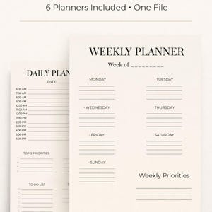Può includere: Planner digitale con sfondo color crema. Il testo "ALL-IN-ONE DIGITAL PLANNER" e "6 Planners Included • One File" sono in alto. Il planner include layout giornalieri e settimanali con sezioni per la pianificazione, le priorità e le liste di cose da fare.
