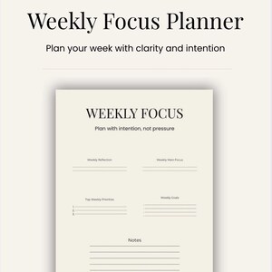 Può includere: Un Weekly Focus Planner con il testo "Weekly Focus" e "Plan with intention, not pressure". Il planner include sezioni per la riflessione settimanale, il focus principale, le priorità, gli obiettivi e le note. Il testo in alto recita "Weekly Focus Planner".