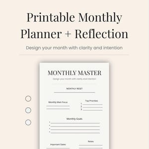 Può includere: Un pianificatore mensile stampabile con riflessione, con il testo "Printable Monthly Planner + Reflection". Il pianificatore include sezioni per l'attenzione mensile, gli obiettivi e le date importanti. Il testo "MONTHLY MASTER" è in alto. Disponibile in 3 colori.