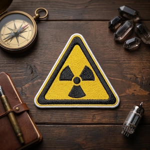 May include: A yellow and black embroidered radiation hazard symbol patch. The triangular patch features a black radiation symbol on a yellow background, with a black border and white stitching. Other items include a compass, crystals, a notebook, a pen, and a vacuum tube.