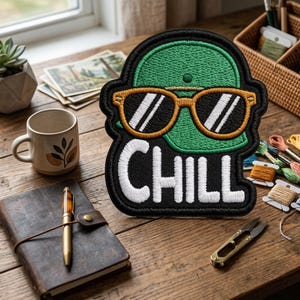 May include: Embroidered patch featuring a green baseball cap with gold-rimmed sunglasses and the word "CHILL" in white. The patch is black-bordered and sits on a wooden surface, alongside a notebook, pen, and mug.