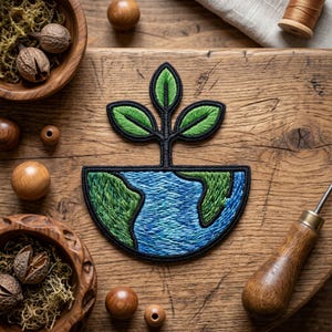 May include: Embroidered patch featuring a green plant growing from a blue and green Earth design. The patch has a black border and is set against a wooden background. The patch is approximately 3 inches wide.