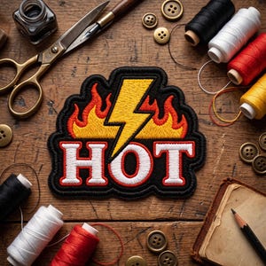 May include: Embroidered patch with the word "HOT" in white letters with a red outline, a yellow lightning bolt, and flames. The patch is surrounded by black thread. Sewing supplies, including thread spools, buttons, and scissors, are arranged on a wooden surface.