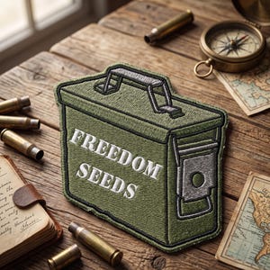 May include: An olive green patch embroidered with the words "FREEDOM SEEDS" in white. The patch is shaped like a military ammunition box. The image also includes brass bullet casings, a compass, and a vintage map on a wooden surface.