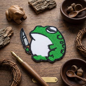 Funny Frog with Knife Embroidered Patch, Chaotic Meme Iron On Badge, Cute Sarcastic Animal Patch for Jackets, Backpacks and Vests