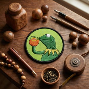 May include: A collection of wooden items, including spheres, a jar, pens, and a measuring tape, arranged on a wooden surface. A circular patch featuring Kermit the Frog drinking Lipton tea is the focal point. A small bowl of tea leaves is also present.