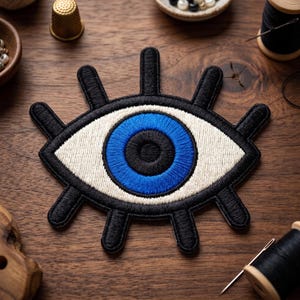 May include: Embroidered eye patch with a blue iris, black pupil, and white sclera, outlined in black. The patch has stylized black lashes extending outward. A sewing-themed image with spools of thread and beads.