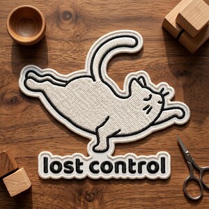 Lost Control Flying White Cat Patch, Funny Falling Kitten Iron On Badge, Chaotic Mood Humor Embroidery for Vests, Denim Jackets and Bags