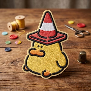 May include: Embroidered patch featuring a yellow duck wearing a red and white traffic cone hat. The patch has a black outline and is surrounded by sewing notions, including spools of thread, buttons, scissors, and a thimble, all on a wooden surface.