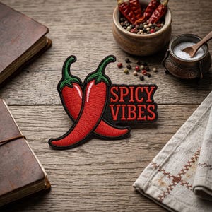 May include: Embroidered patch featuring two red chili peppers with green stems, and the text "SPICY VIBES" in red letters on a black background. The patch is on a wooden surface, alongside a bowl of spices and a small book.