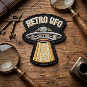 May include: Embroidered patch with the words "Retro UFO" above a silver and yellow flying saucer design. The patch is black with yellow and white stitching. The patch is on a wooden surface with keys and magnifying glasses.