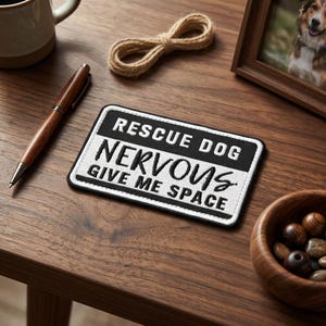 May include: A black and white embroidered patch with the text "RESCUE DOG NERVOUS GIVE ME SPACE" on a wooden table. A wooden pen, a mug, a small wooden bowl, a framed photo of a dog, and a rope are also on the table.
