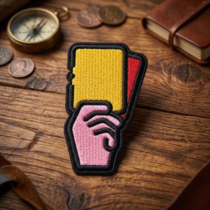 May include: Embroidered patch featuring a pink hand holding a yellow and red card, likely representing a sports penalty. The patch has a black border. The background includes a compass, coins, and a leather-bound notebook on a wooden surface.