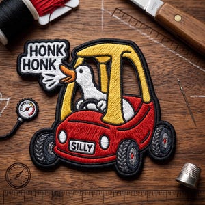 Honk Honk Silly Goose Patch, Funny Bird Driving Red Toy Car Iron On Badge, Chaotic Goose Meme Embroidery for Backpacks and Vests