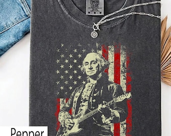 George Washington Playing Guitar and Roll American Flag T-Shirt, 4th July 250th Anniversary T-Shirt, Vintage Patriotic Rocker Tee