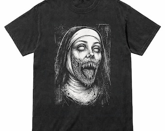 Camiseta de terror con monja espeluznante, demonio, impía, malvada, oculta, alternativa, gótica, aterradora.