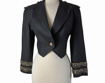 Veste Spencer courte vintage Pia Rucci en lin noir, style militaire, ornée de perles, taille 6