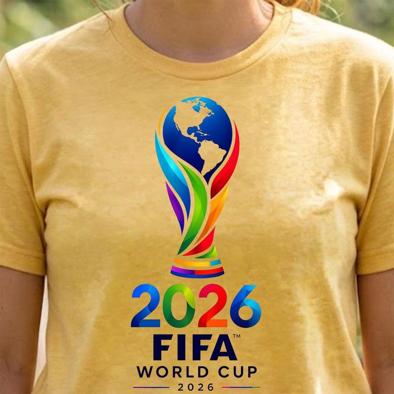 May include: A heathered yellow short-sleeve t-shirt featuring the FIFA World Cup 2026 logo. The graphic displays a stylized trophy shape with a blue globe at the top, colorful ribbons, and the text 2026 FIFA WORLD CUP 2026 printed in blue and red.
