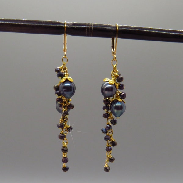 Peacock Black Akoya Pearls and Blue Mystic Spinel Dangle Earrings