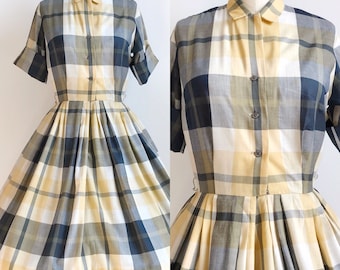 Robe de jour à carreaux vintage des années 50 à taille chemise - Petite