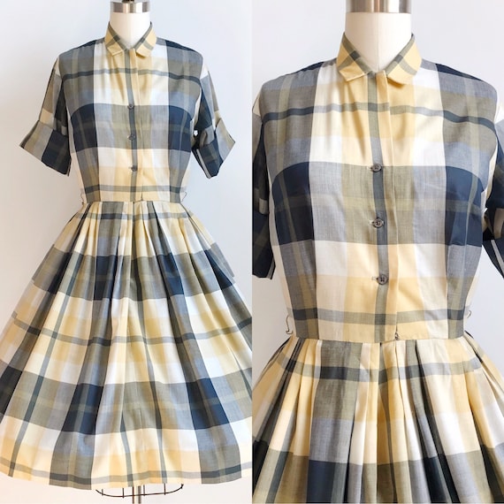 50s Vintage Plaid Shirtwaist Day Dress - Small
