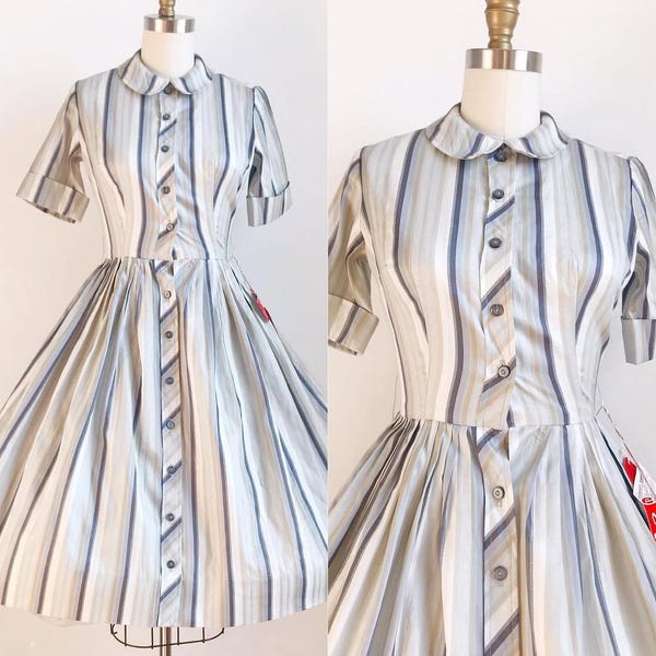Vintage 1950s Silver Striped Shirtwaist Day Dress New Old Stock Jeri Long Size Small