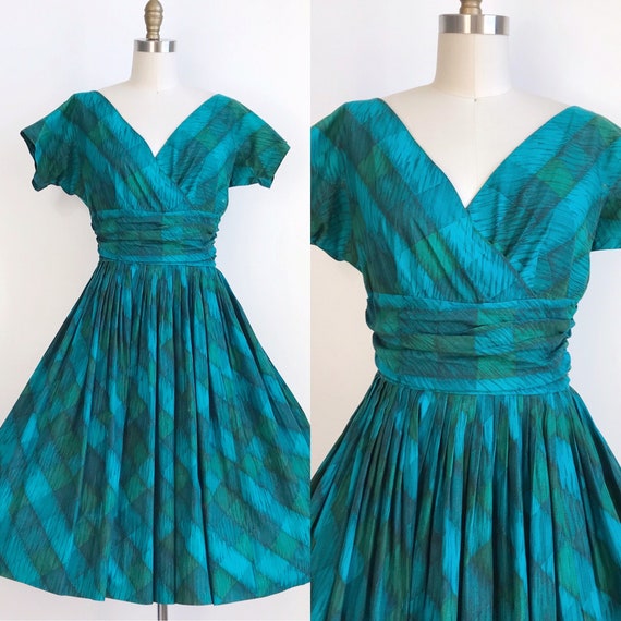 50s Vintage Blue Green Plaid Checkered Harlequin P