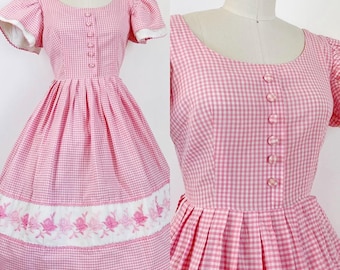 Vintage 1950s Pink Gingham Bardot Floral Embroidered Flutter Sleeve Day Dress