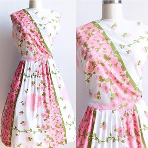 1950s Vintage Pink Floral Print Asymmetrical Print Garden Day Dress Size Large